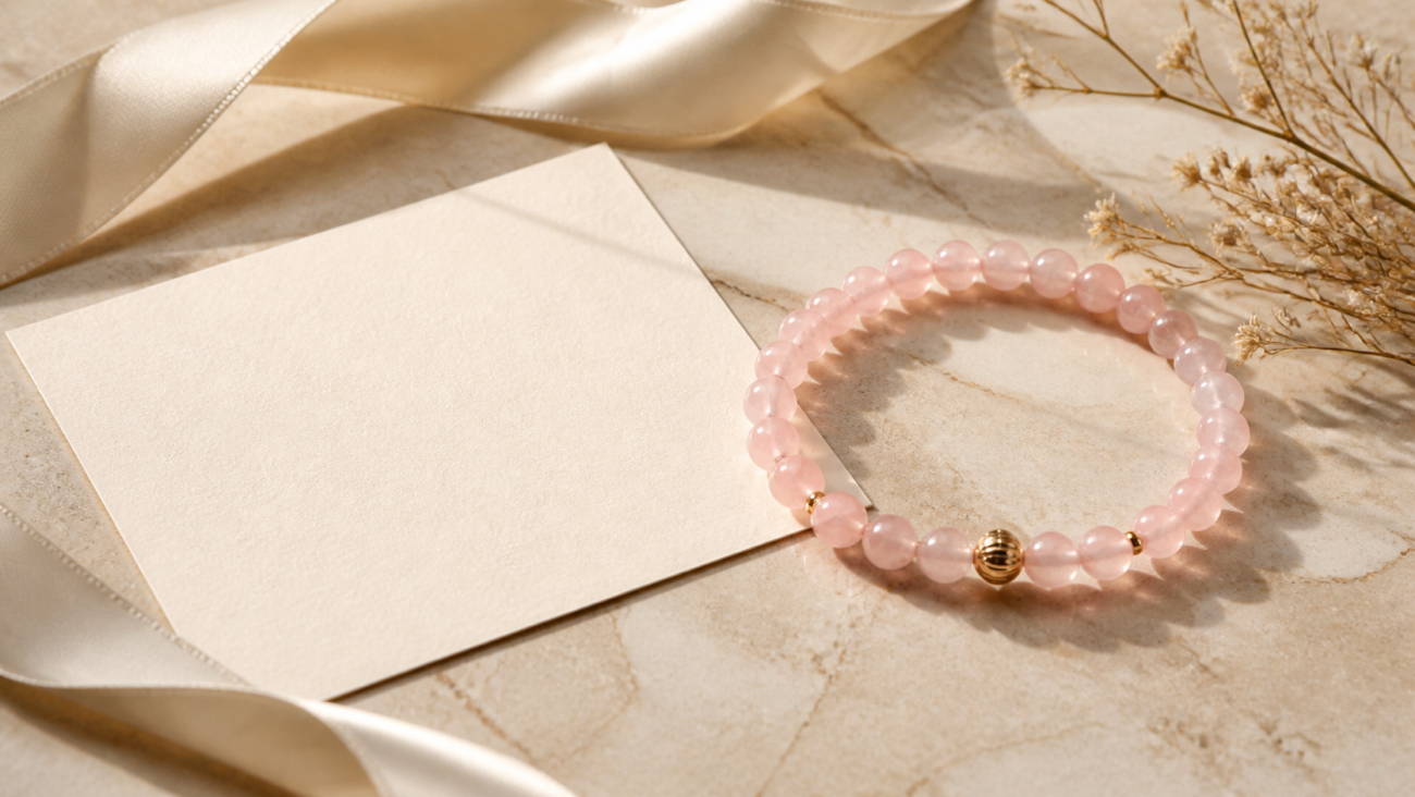 Pink crystal bead bracelet with a cream card and ribbon
