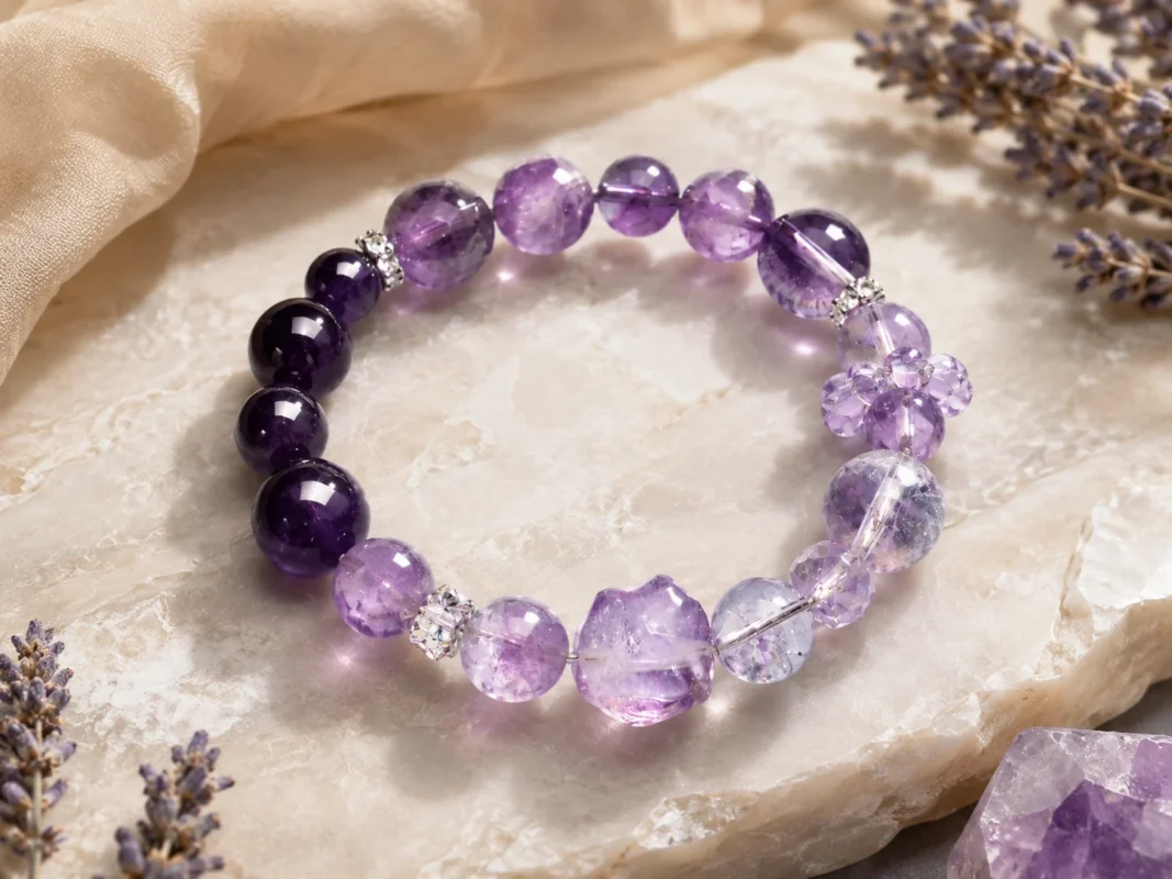 Virgo zodiac bracelet meaning represented by deep purple amethyst-style beads, lavender crystal accents, silver spacers, and floral details