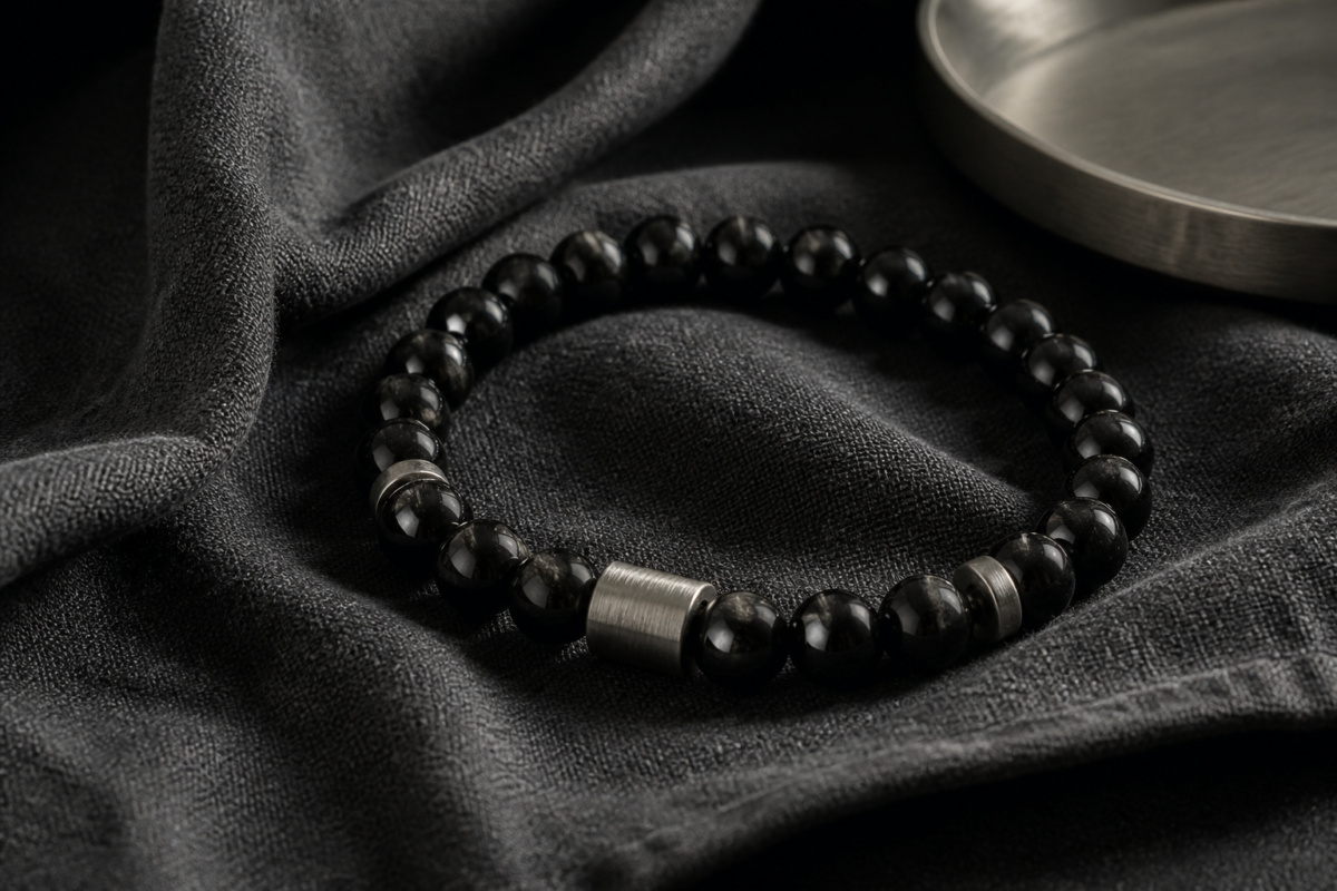 Black tourmaline bead bracelet on charcoal cotton with brushed metal