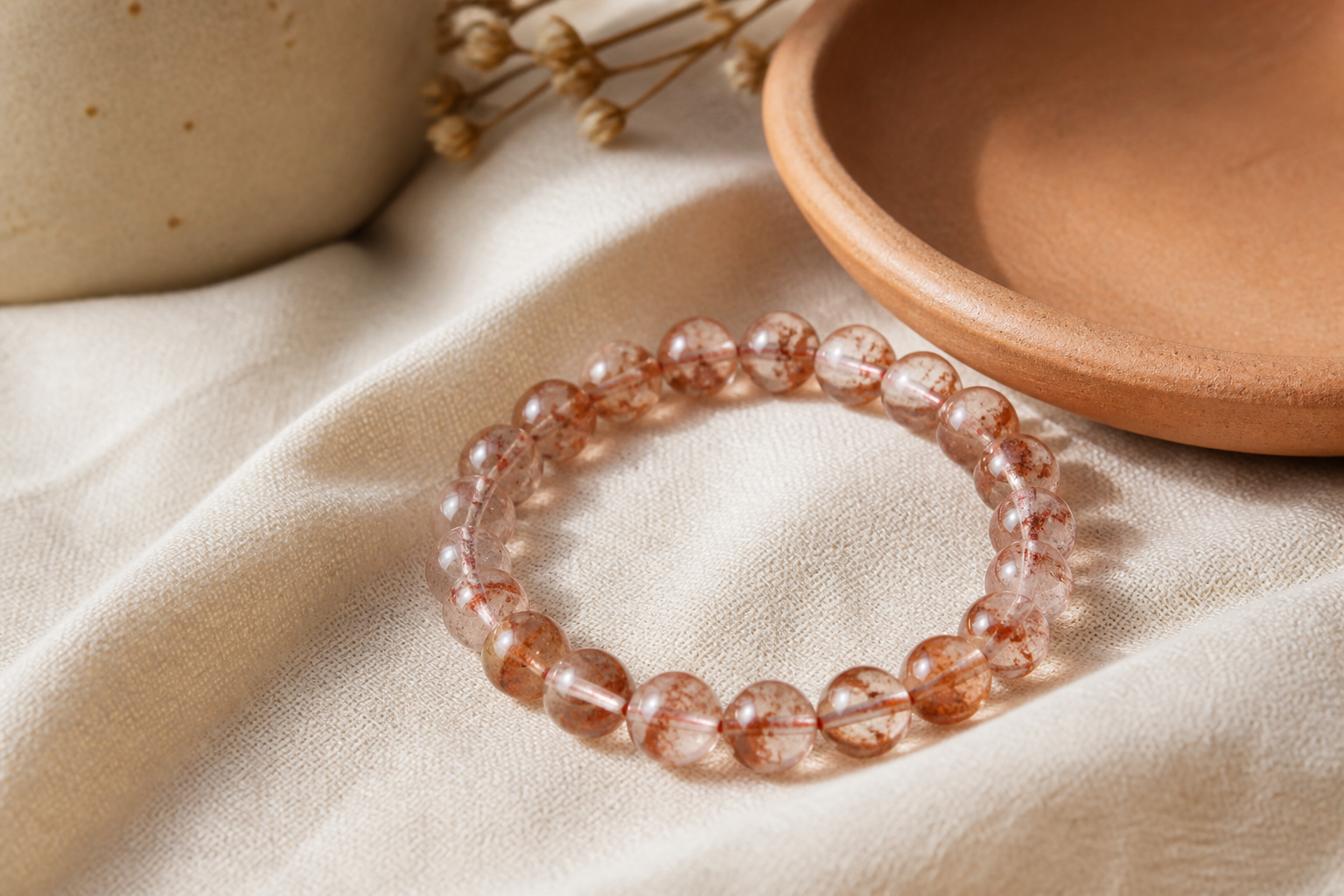 Hematoid fire quartz bead bracelet on warm ivory linen
