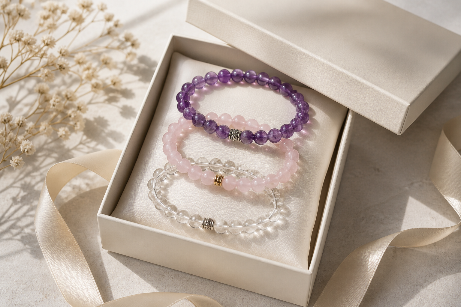 Three crystal bracelets in a cream gift box with ribbon