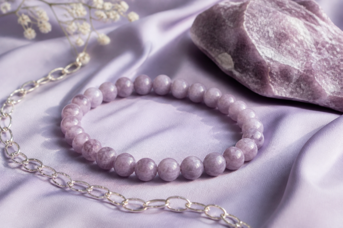 Lepidolite lavender bracelet on lilac fabric with silver chain
