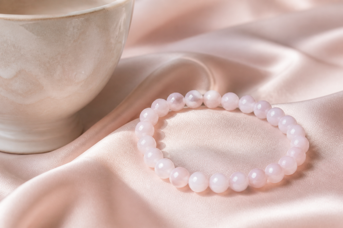 Pale pink chalcedony bracelet on blush silk beside pearl ceramic