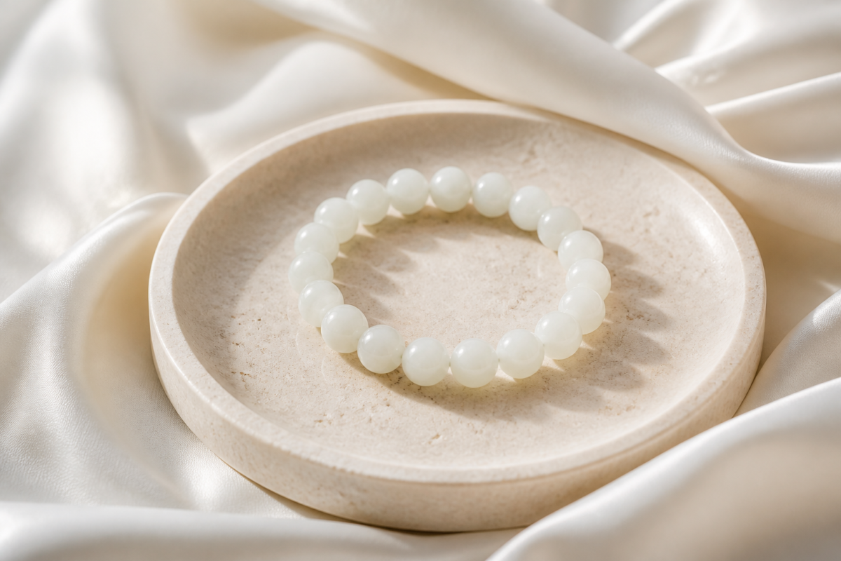 White jade bead bracelet on ivory satin and pale stone tray