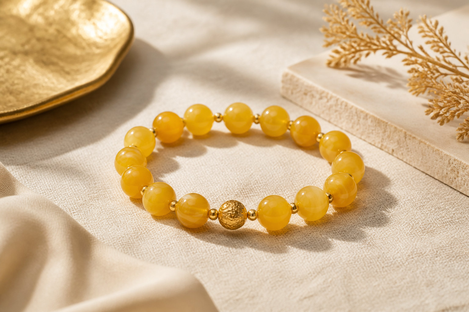 Yellow agate bead bracelet on sand linen with a gold tone accent