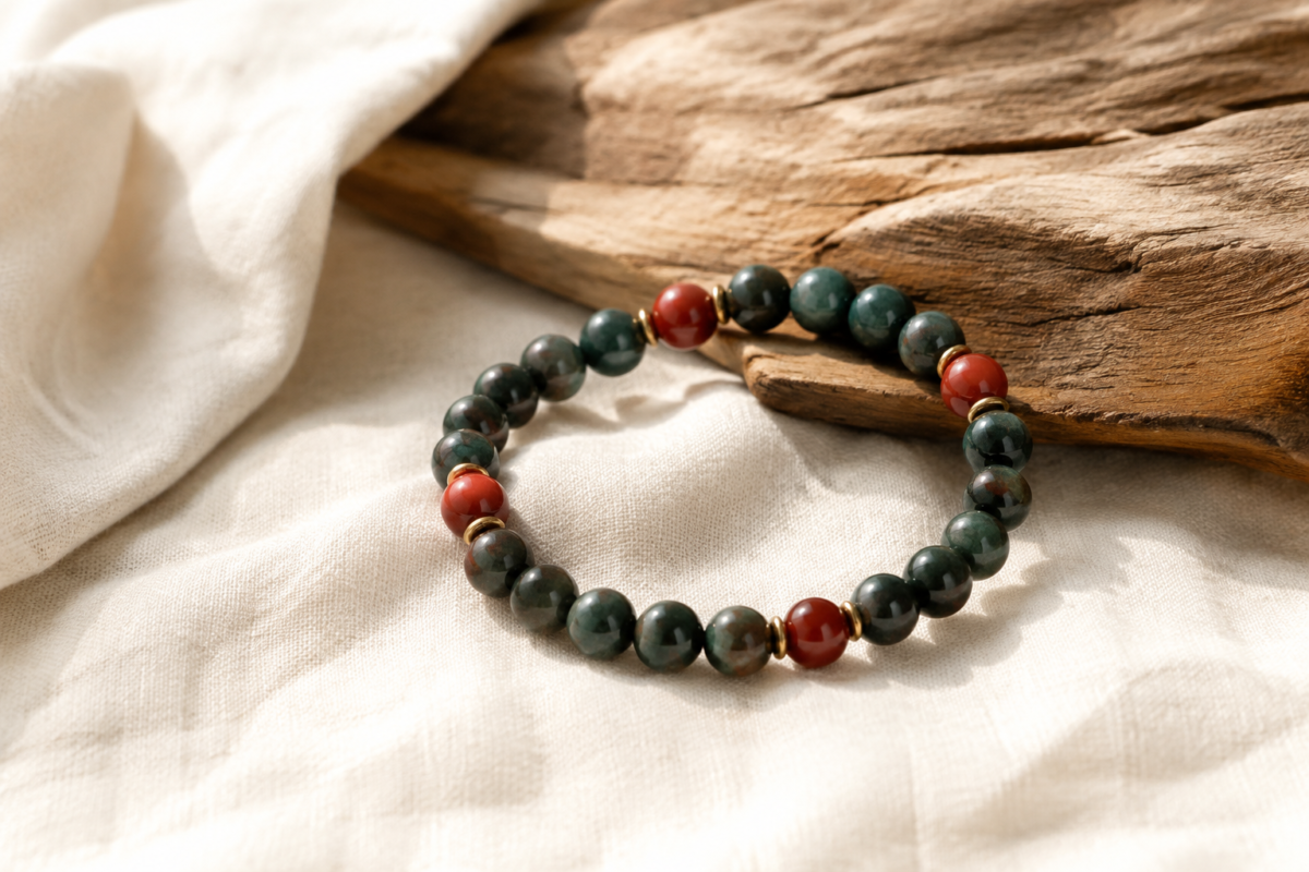 Bloodstone green and red bead bracelet on cream linen beside raw wood