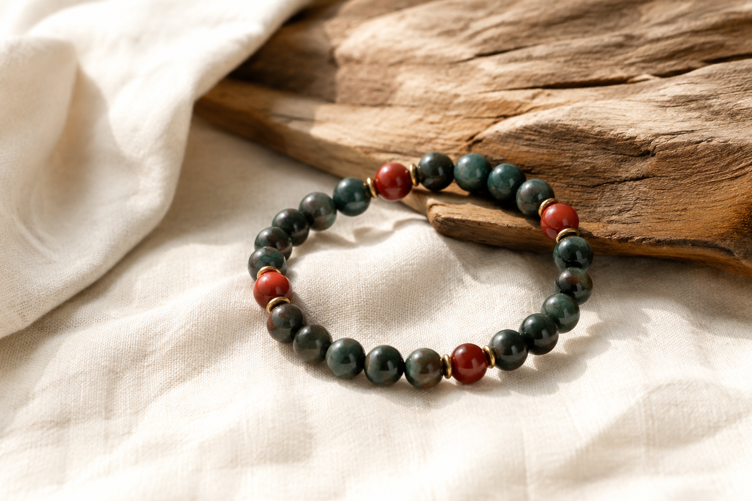 Bloodstone green and red bead bracelet on cream linen beside raw wood