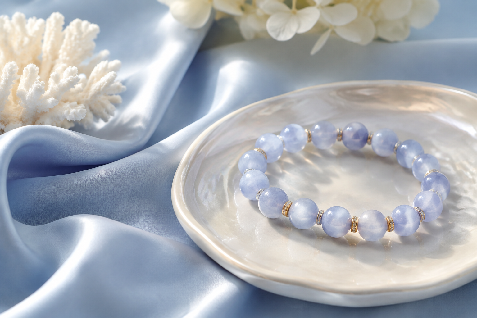 Blue chalcedony bead bracelet on powder blue silk with a pearl-toned dish