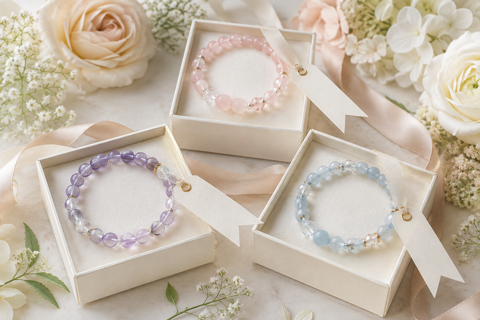 Three crystal bead bracelets in cream gift boxes with blank ribbon tags and soft flowers