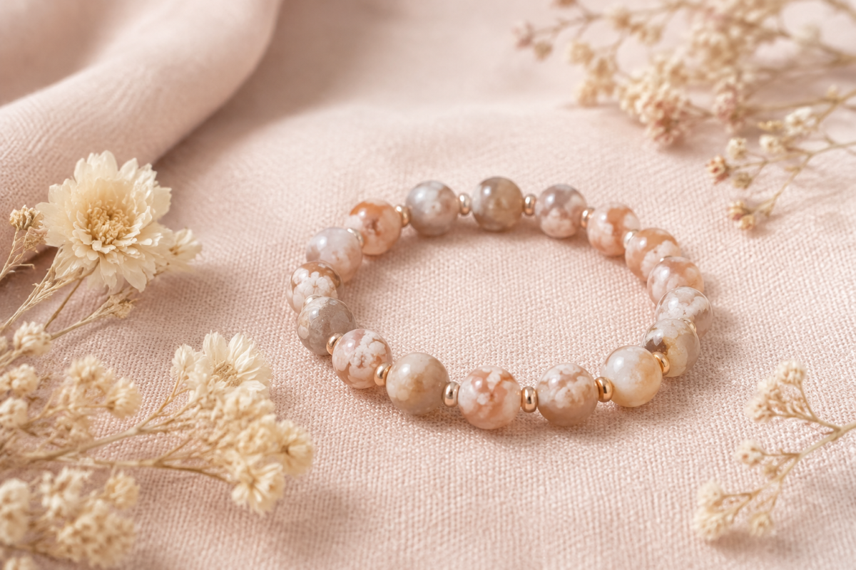 Flower agate pastel bead bracelet on blush woven fabric with dried cream flowers
