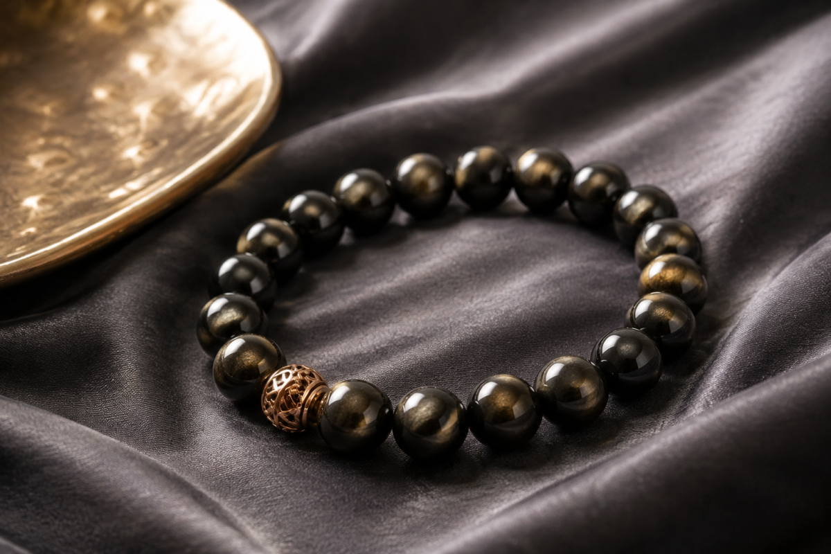 Gold sheen obsidian bead bracelet on charcoal silk with a warm metal detail