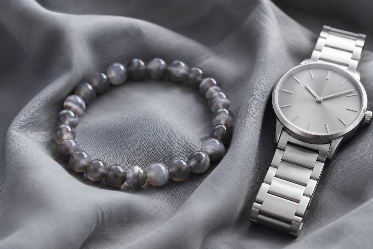 Grey agate bead bracelet on smoky grey cotton beside a brushed silver watch