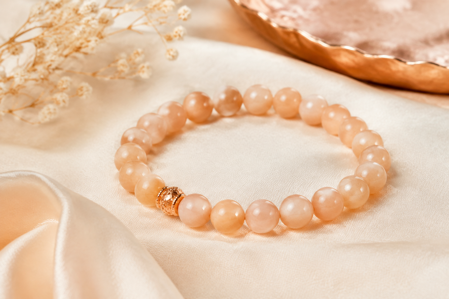 Peach moonstone bead bracelet on warm cream fabric with a rose-gold-tone detail