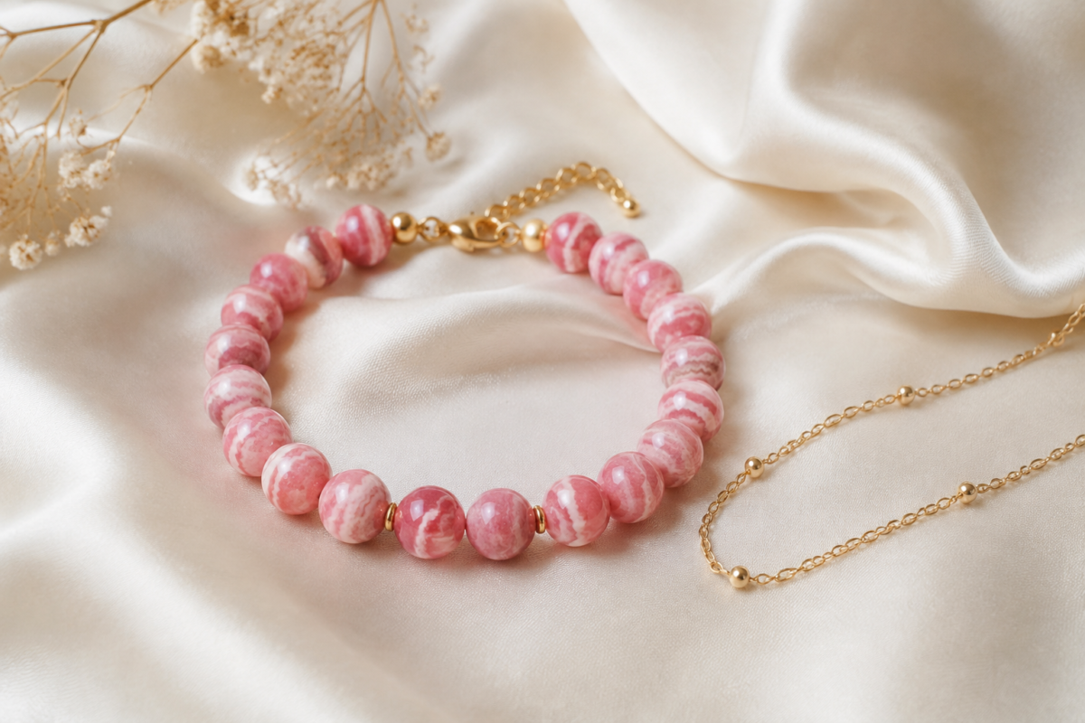 Rhodocrosite pink striped bead bracelet on ivory satin beside a fine gold chain