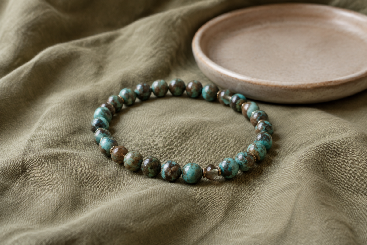 African turquoise green blue and brown bead bracelet on olive linen with a ceramic tray