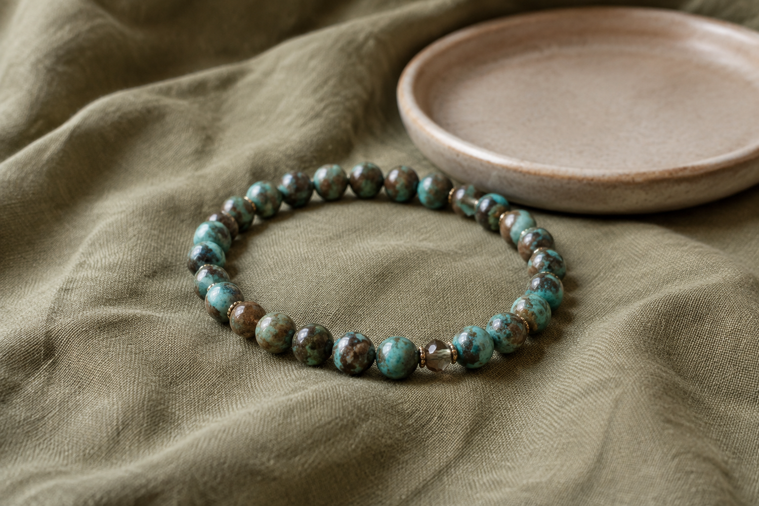 African turquoise green blue and brown bead bracelet on olive linen with a ceramic tray