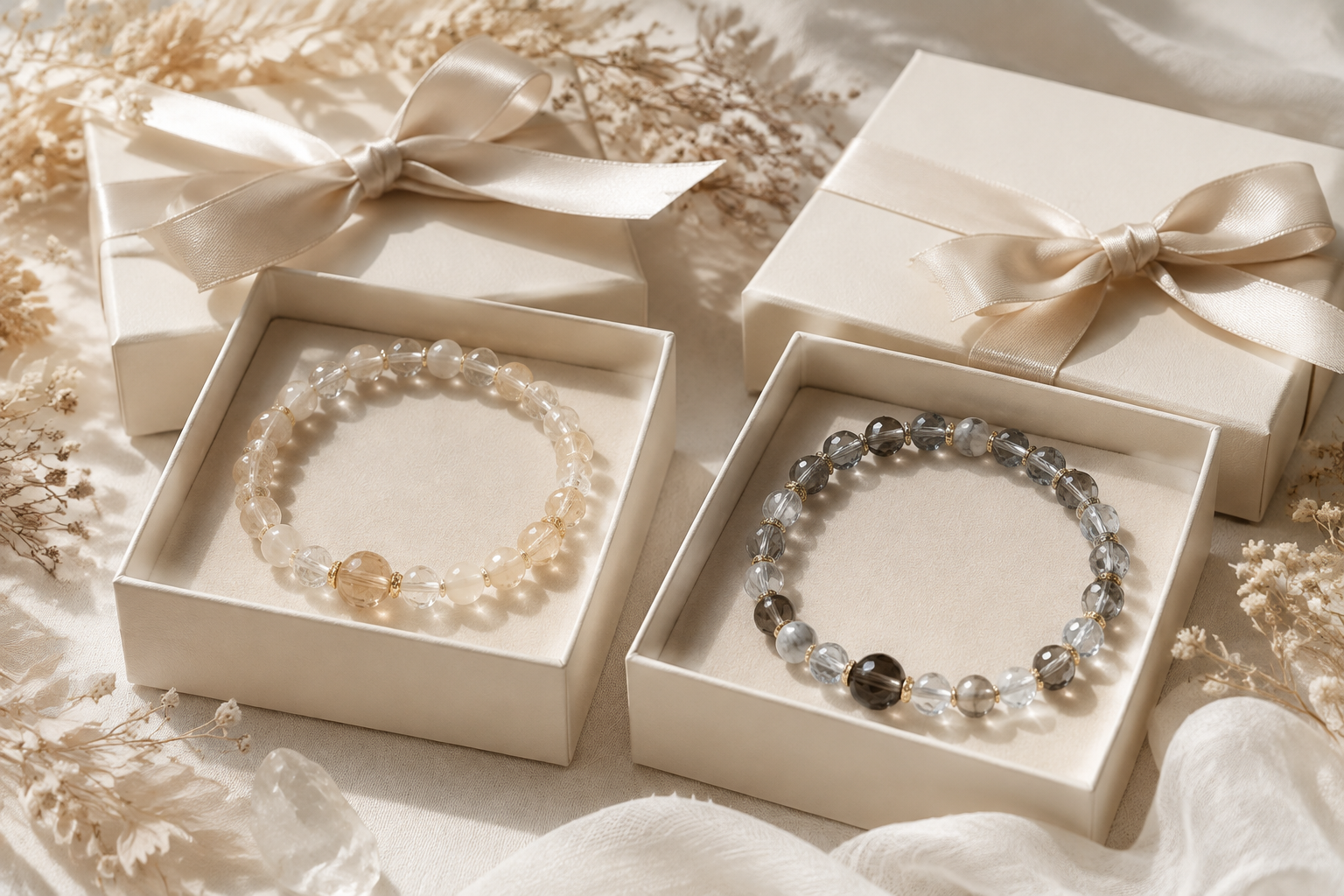 Two complementary crystal bead bracelets in neutral cream gift boxes with plain ribbon