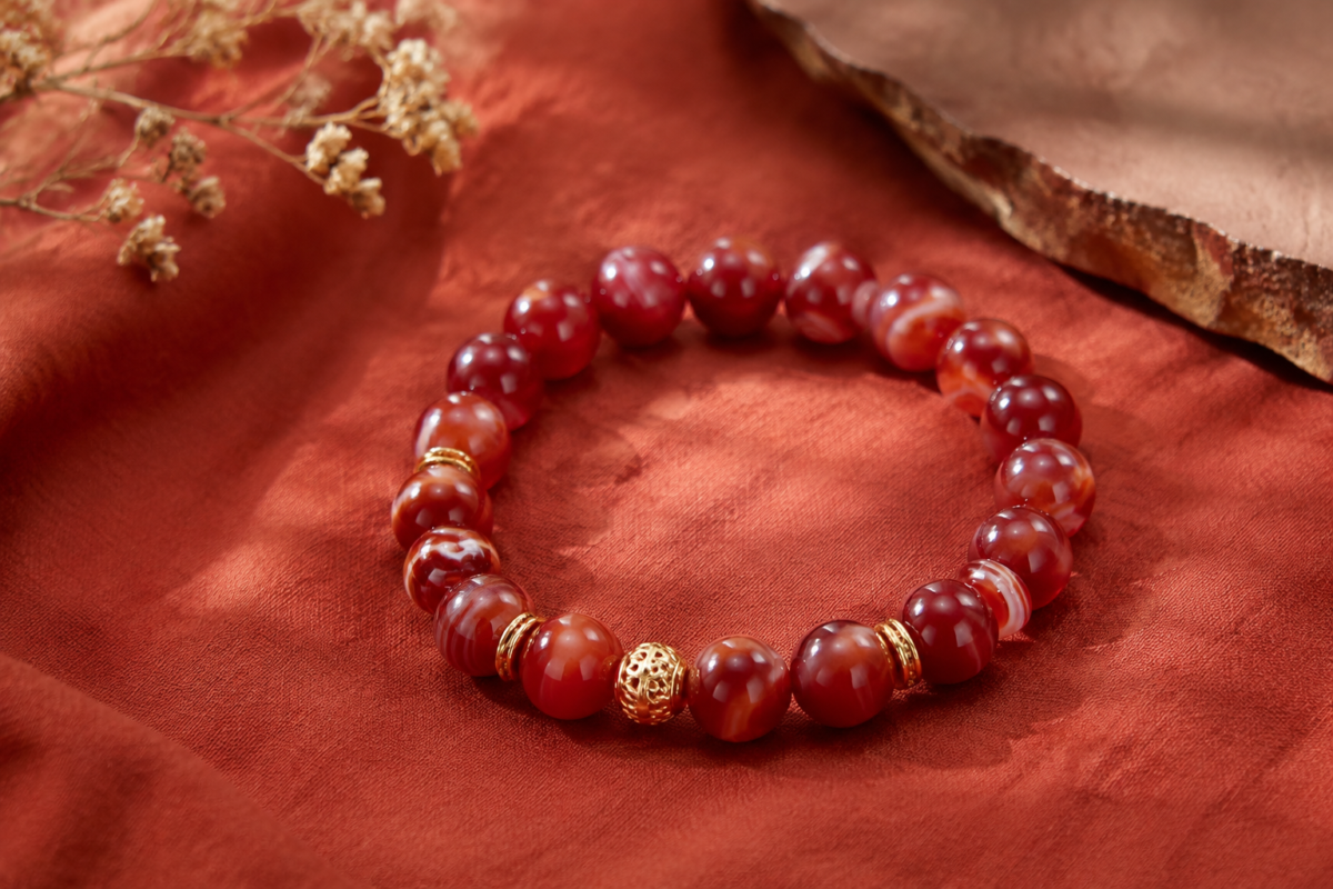 Clear quartz bead bracelet on ivory silk beside a small raw clear quartz cluster