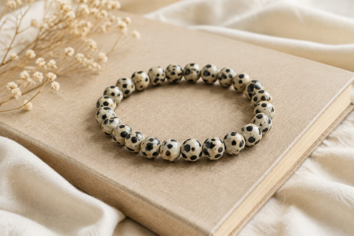 Dalmatian jasper cream bead bracelet with black speckles on beige cotton and a book