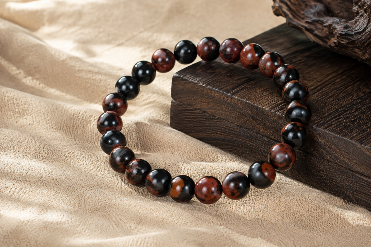 Mahogany obsidian bead bracelet in black and reddish brown on sand fabric with dark wood