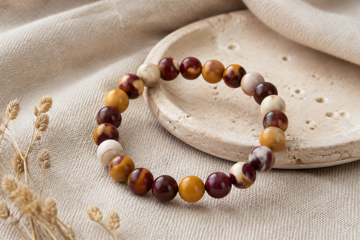 Mookaite jasper bead bracelet in burgundy mustard and cream tones on natural linen