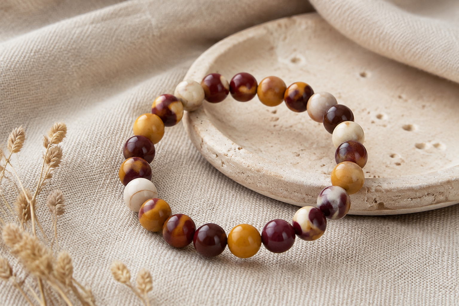 Mookaite jasper bead bracelet in burgundy mustard and cream tones on natural linen