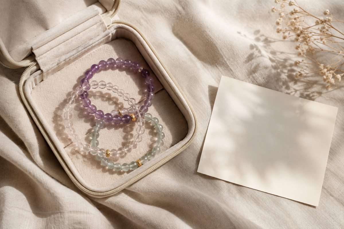 Three crystal bead bracelets arranged in a neutral travel pouch on linen