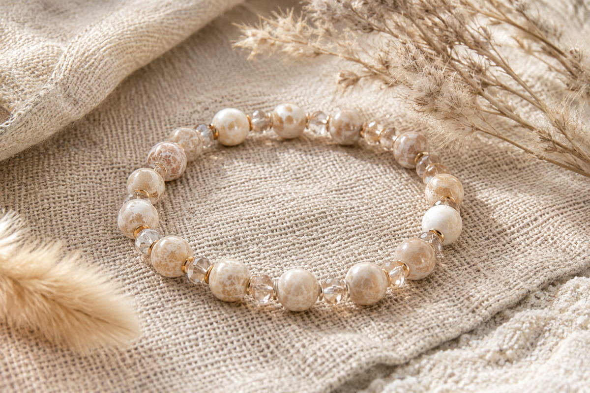 Fossil coral beige and cream bead bracelet on sand woven fabric with dried grass