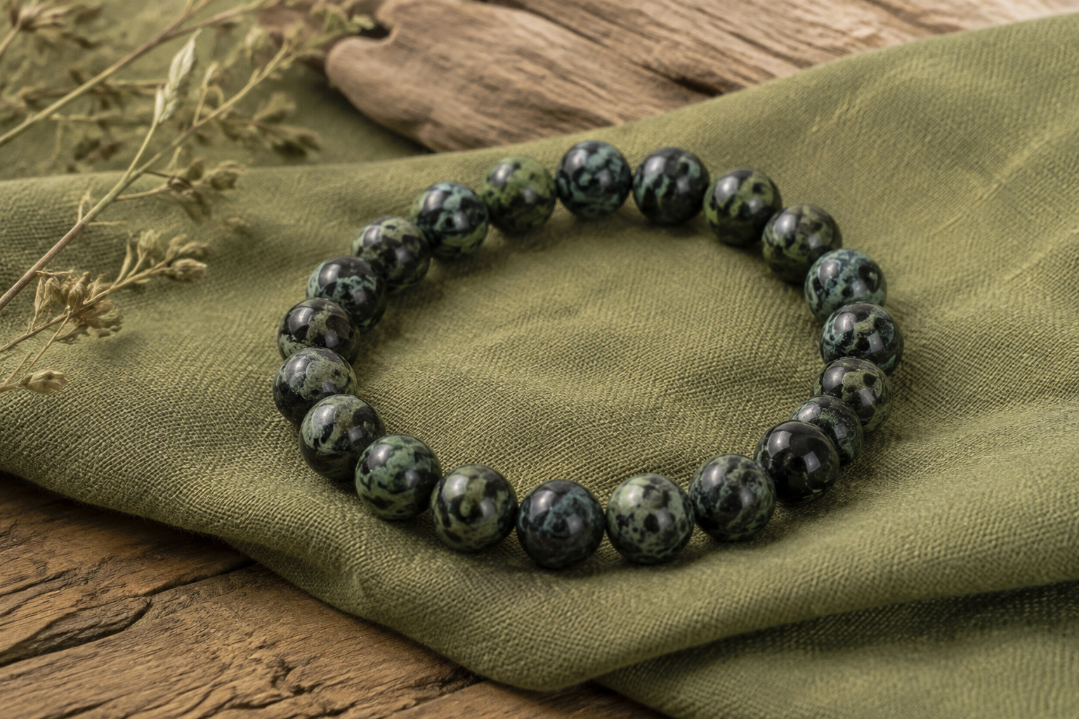 Kambaba jasper dark green orb-patterned bead bracelet on olive linen and wood