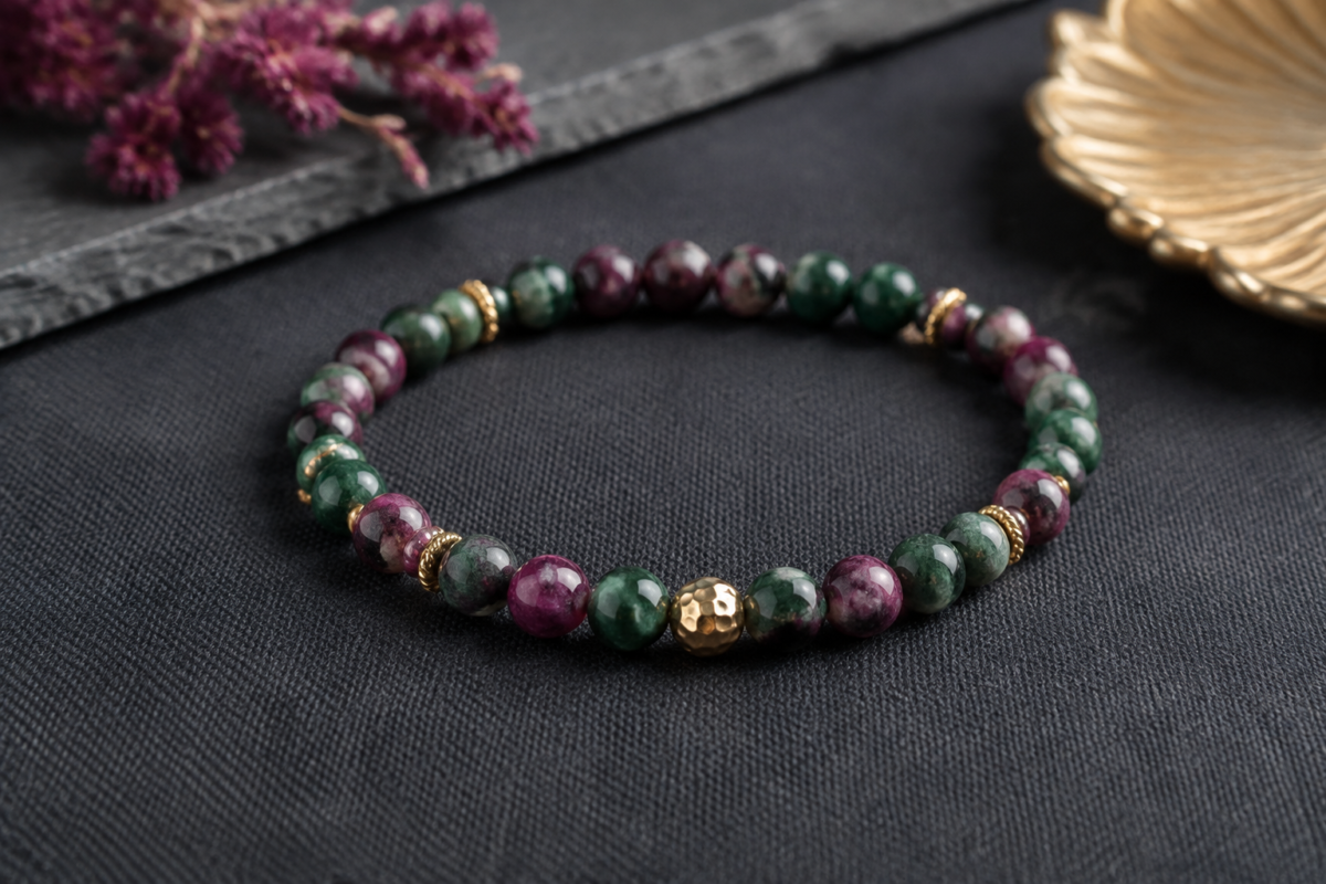 Ruby zoisite deep green and berry bead bracelet on charcoal linen with a gold-tone accent