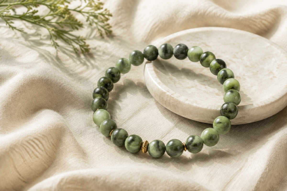 Serpentine green bead bracelet on cream linen with a pale stone dish