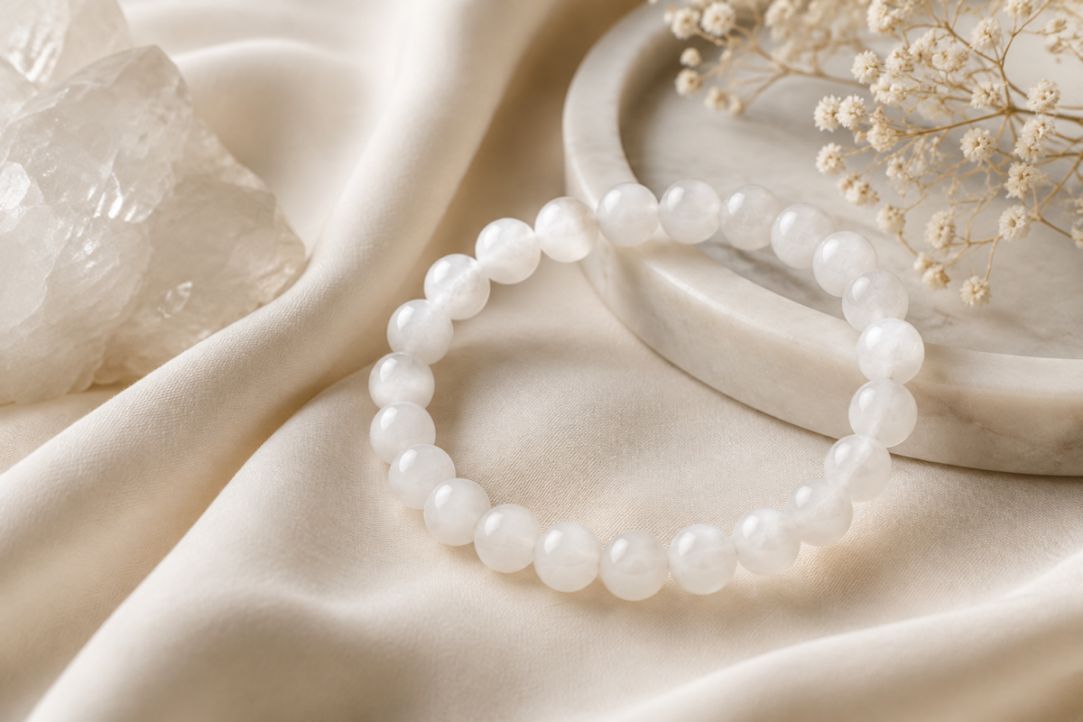 Snow quartz milky white bead bracelet on warm ivory fabric with a marble tray