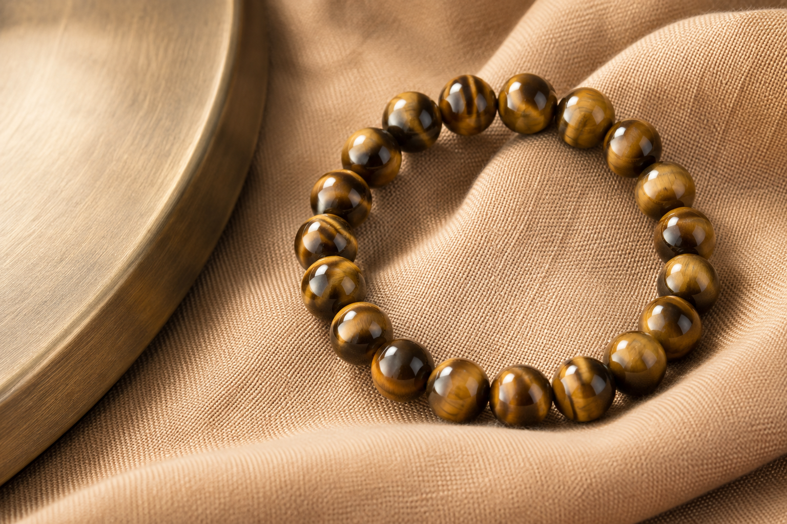 Golden brown tiger eye bead bracelet on camel cotton beside a brushed bronze detail