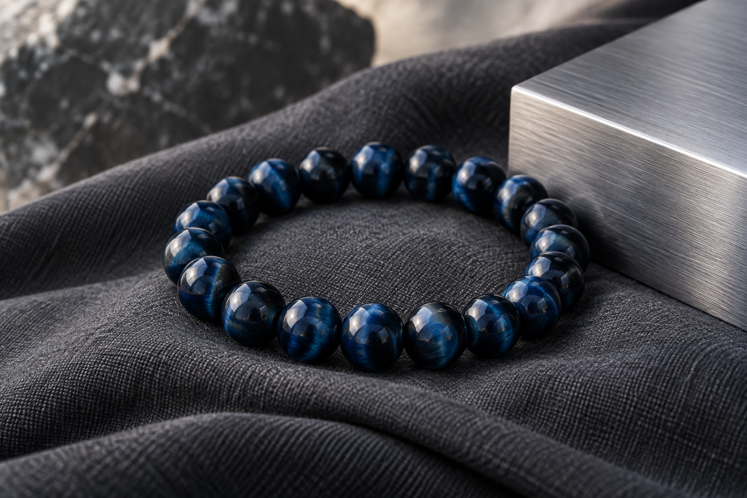Blue tiger eye deep navy bead bracelet on charcoal cotton beside brushed steel