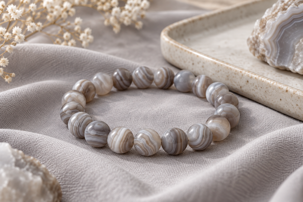 Botswana agate pale grey and taupe striped bead bracelet on dove grey fabric with a ceramic tray