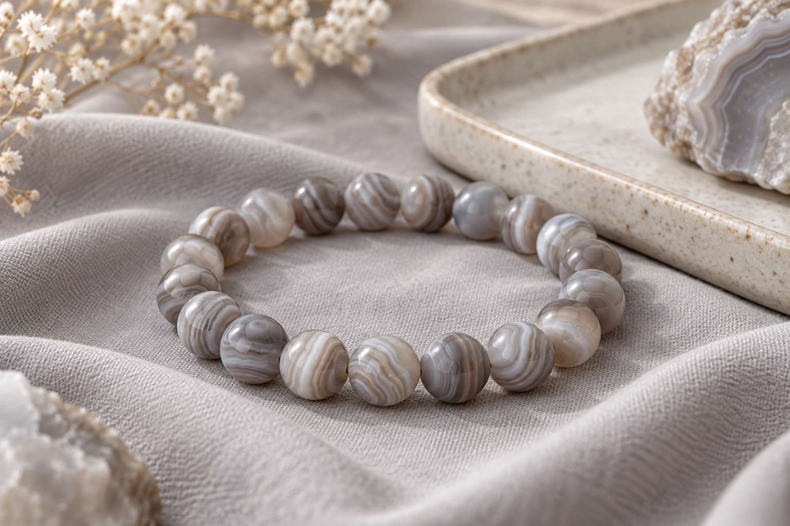 Botswana agate pale grey and taupe striped bead bracelet on dove grey fabric with a ceramic tray