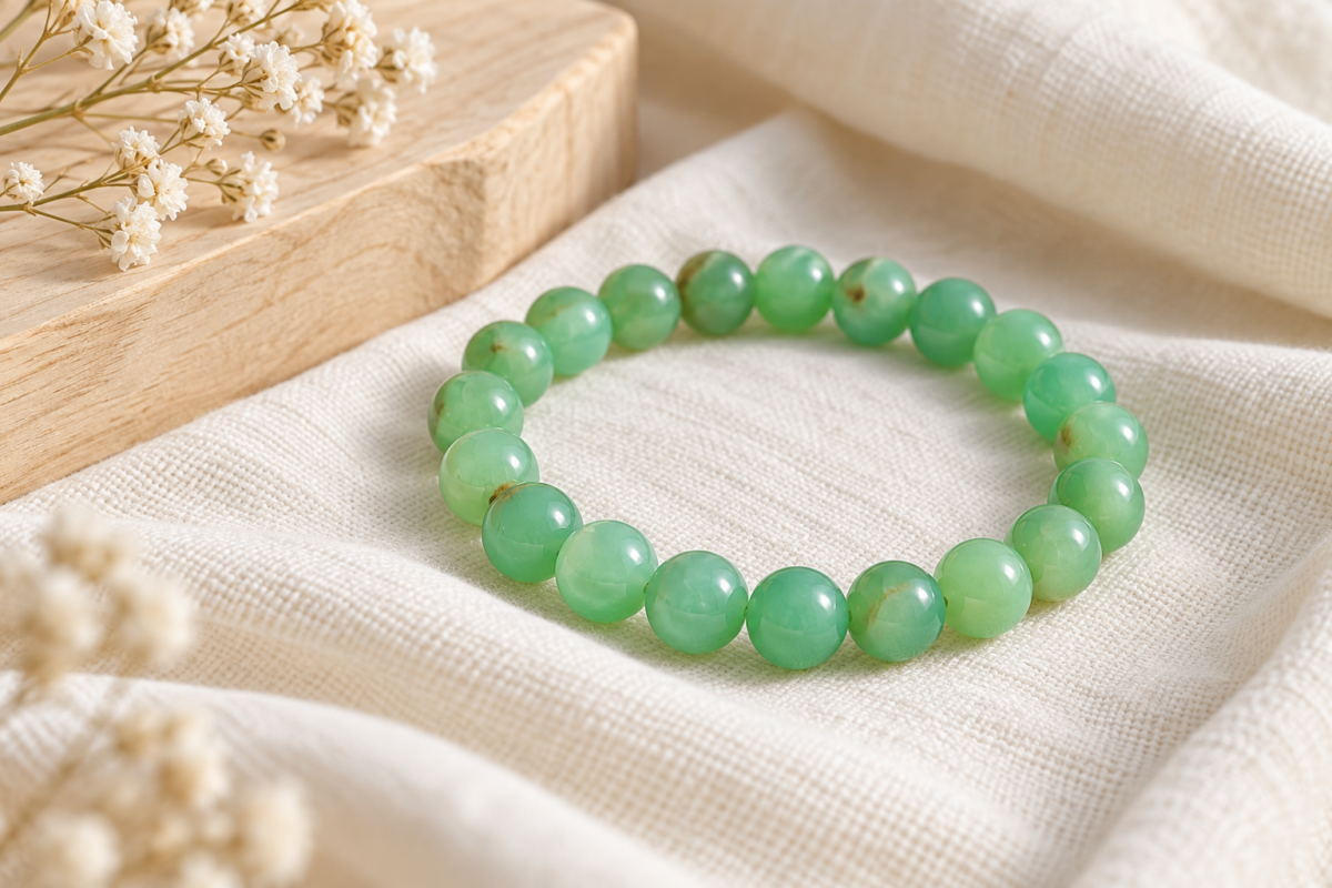 Chrysoprase apple green bead bracelet on warm cream cotton with pale wood