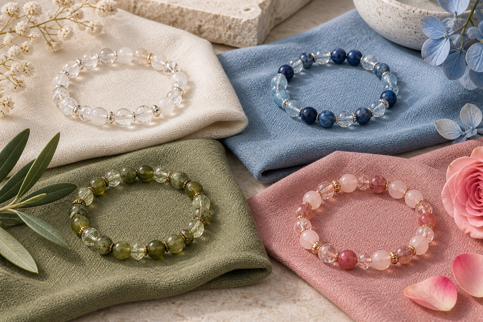 Four crystal bead bracelets on coordinated cream blue olive and rose fabric swatches