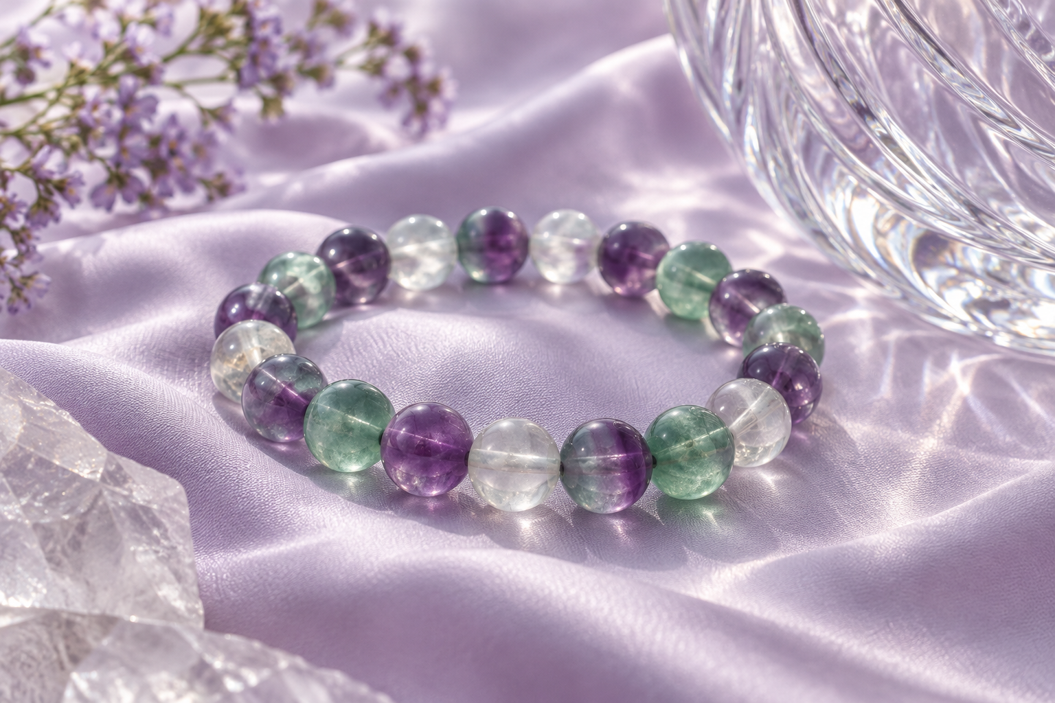 Fluorite green purple and clear bead bracelet on pale lilac silk with a glass detail