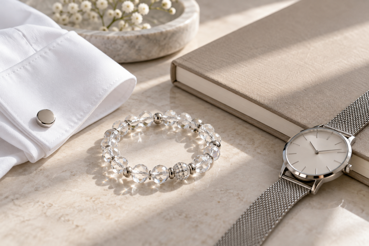 Crystal bead bracelet beside a crisp white cuff, neutral notebook and simple silver watch