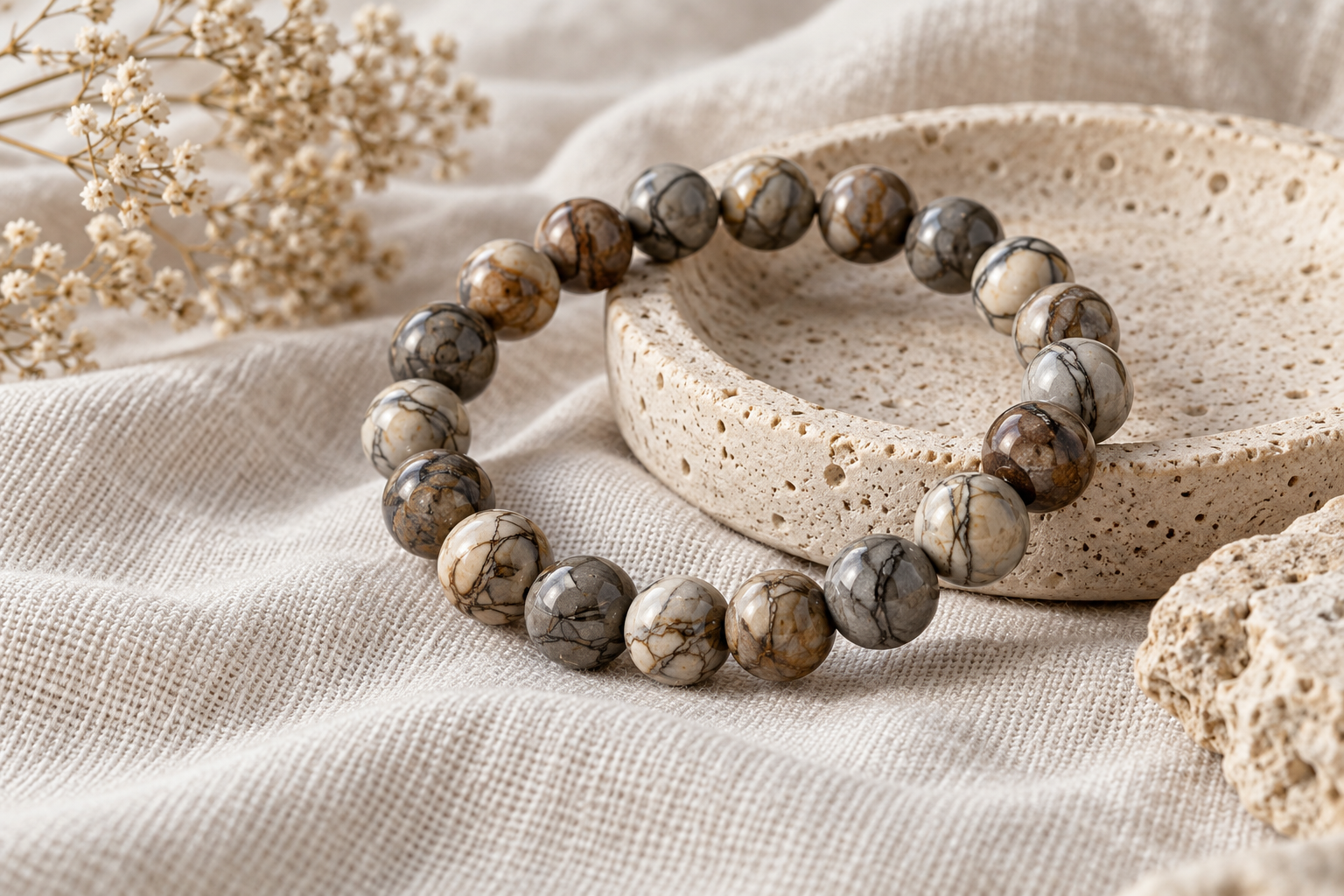 Picasso jasper grey cream and brown bead bracelet on raw ivory linen with a travertine dish