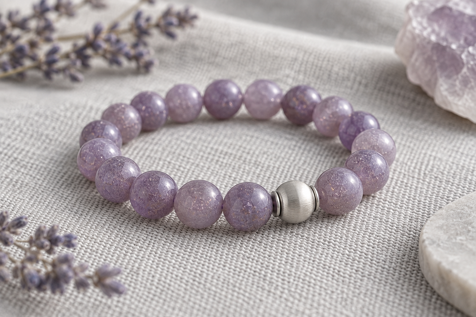 Purple aventurine lavender bead bracelet on light grey woven fabric with a matte silver detail
