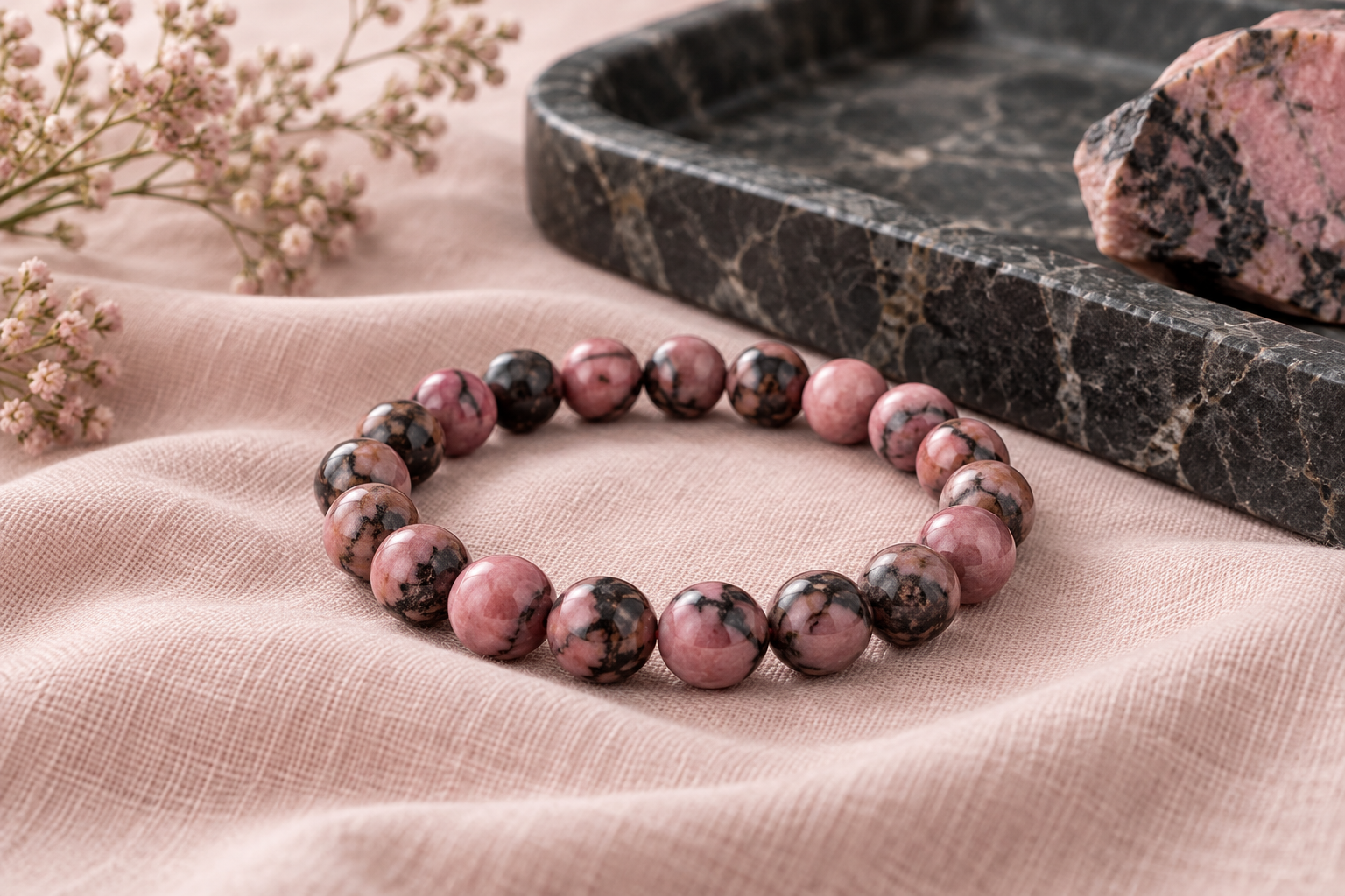 Rhodonite pink and black veined bead bracelet on blush linen with a dark stone tray
