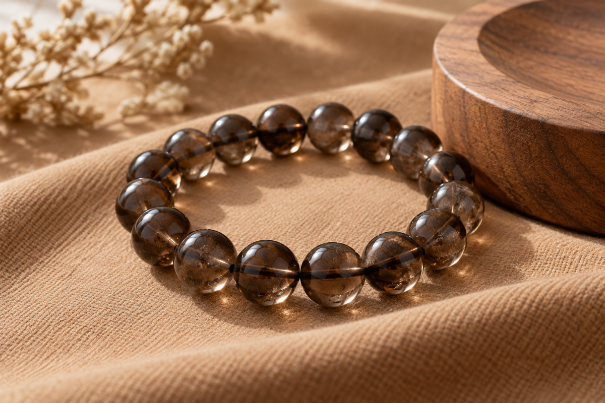 Smoky quartz brown translucent bead bracelet on warm camel fabric beside wood
