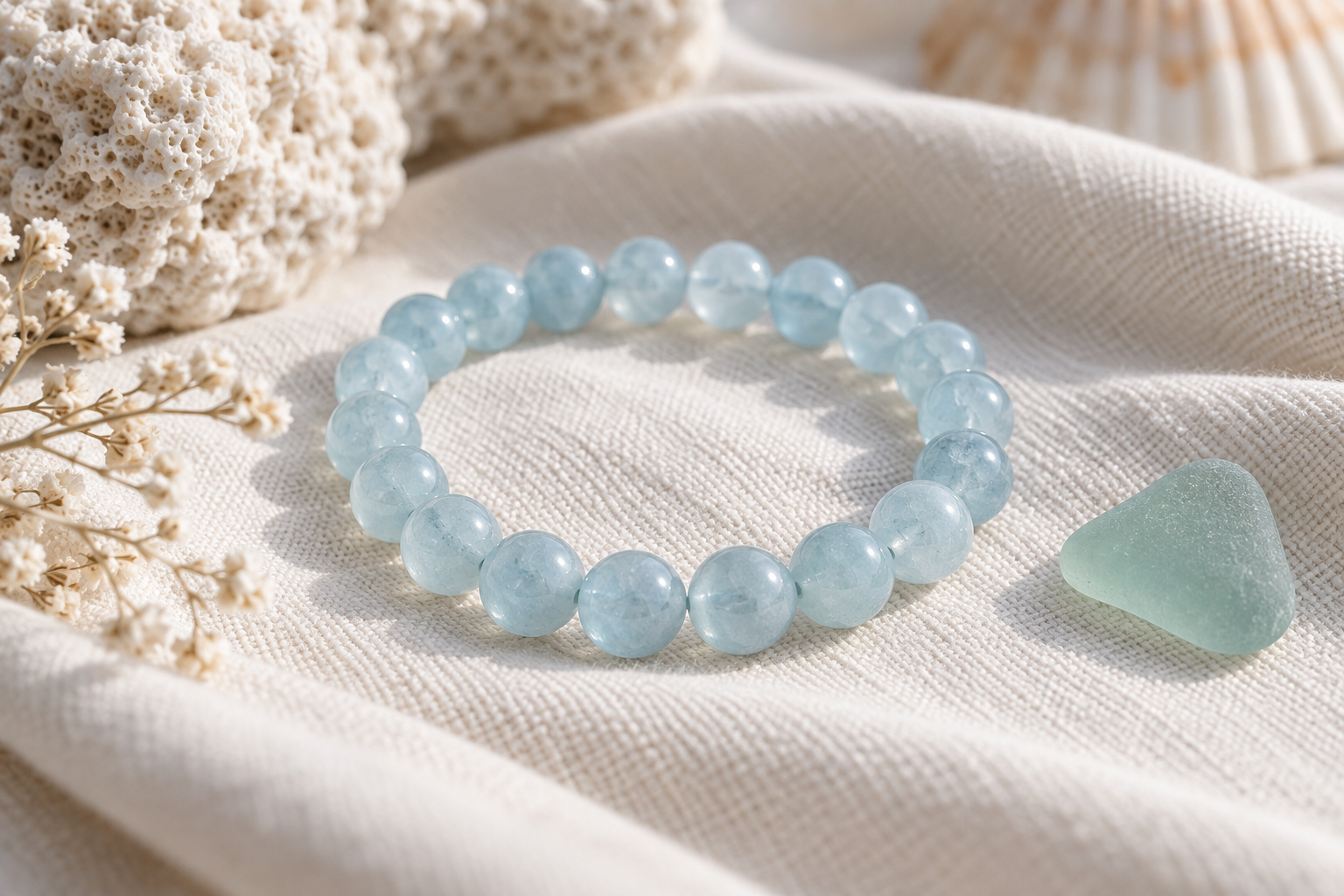 Aquamarine pale blue bead bracelet on ivory cotton beside a sea glass accent