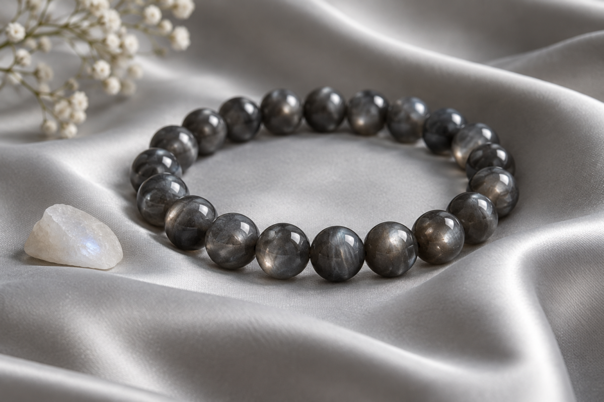 Black moonstone dark grey bead bracelet on dove grey satin with a pale stone