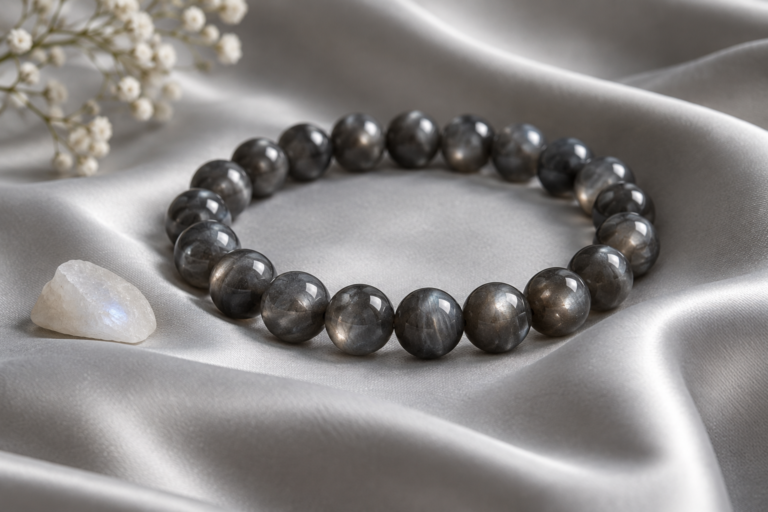 Black moonstone dark grey bead bracelet on dove grey satin with a pale stone
