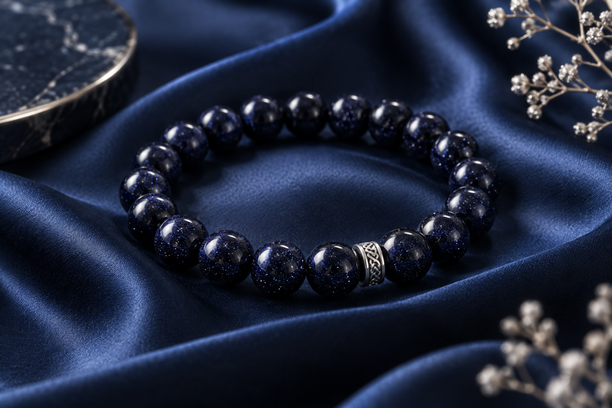 Blue goldstone dark navy sparkly bead bracelet on midnight blue silk with a silver detail