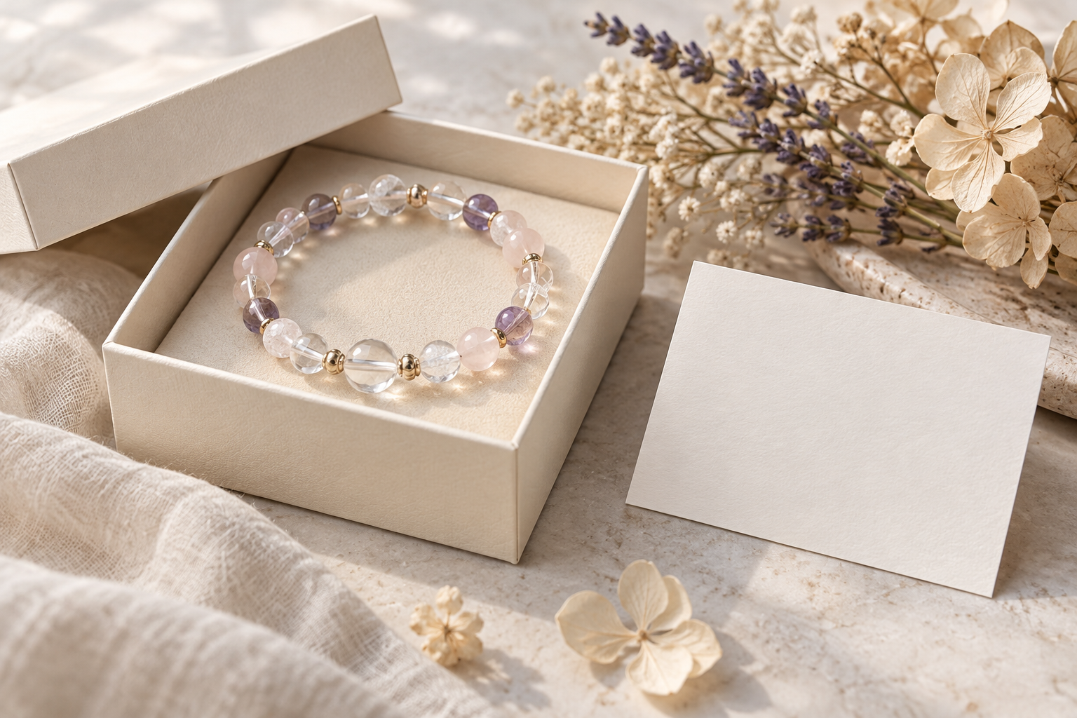 Crystal bead bracelet in a cream gift box beside a blank note card and dried flowers