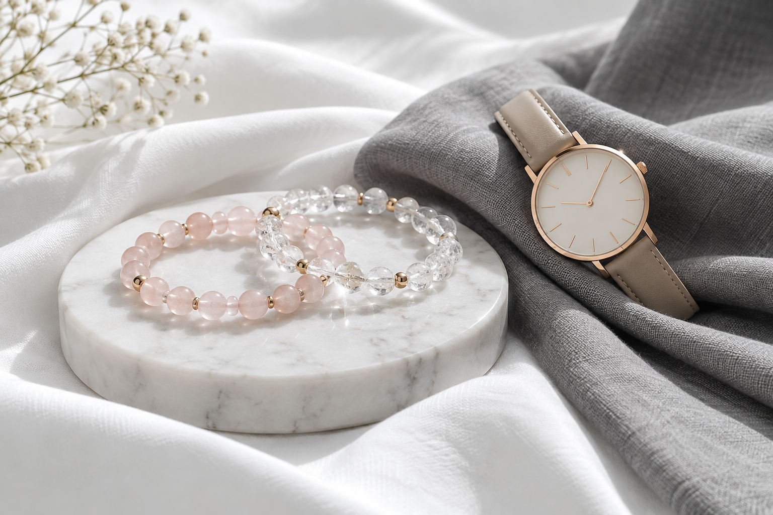 Two simple crystal bead bracelets with a slim neutral watch on white and grey fabric